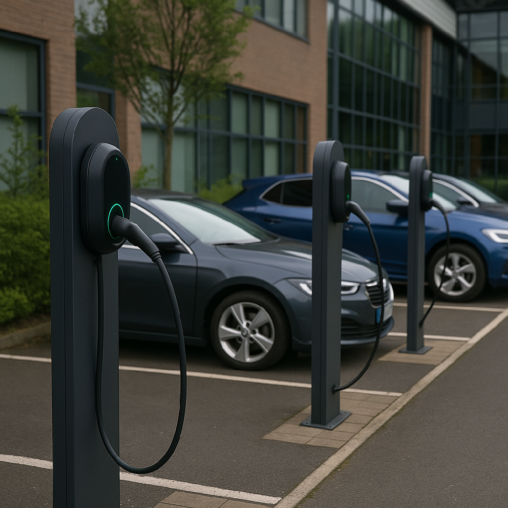 Photograph of EV chargers installed at a workplace car park.